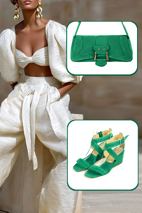 Women's emerald green elegant fully open cross straps sandals. Square toe. Medium wedge heels - Top view